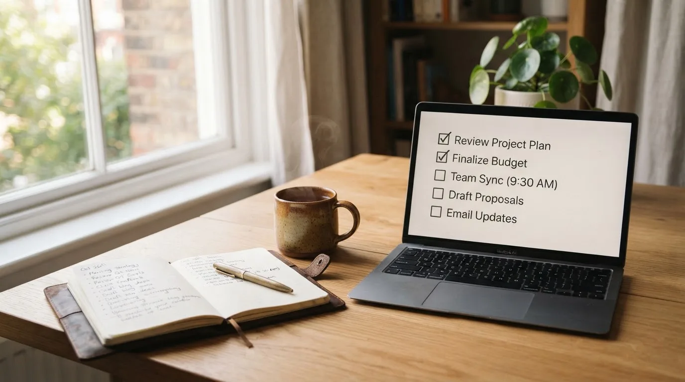 A tidy desk with a notebook, a mug of tea and a laptop open to a checklist, morning light through a window.