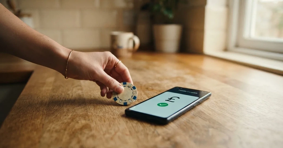 A hand places a £1 coin next to a smartphone showing a bank transfer confirmation screen on a kitchen table.