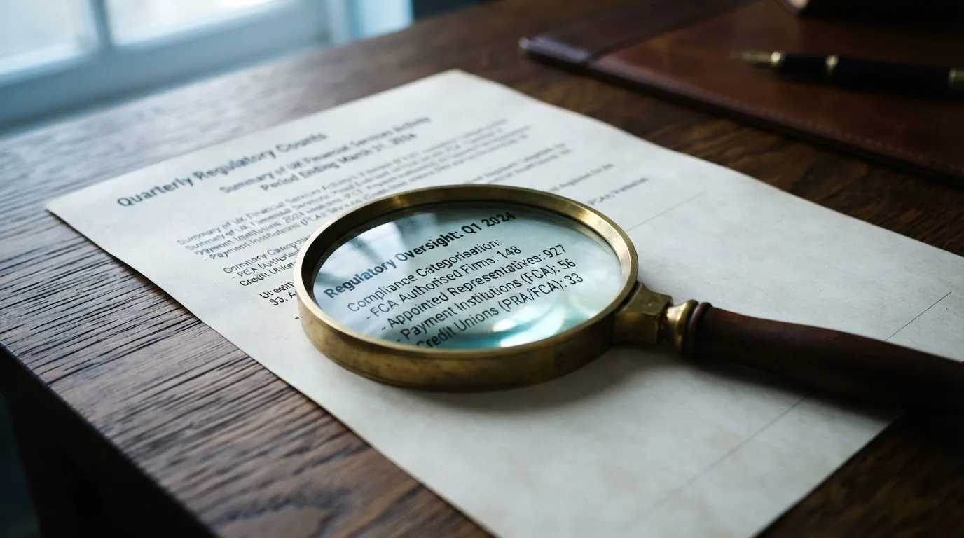 A magnifying glass rests over a printed regulatory certificate on a wooden desk.