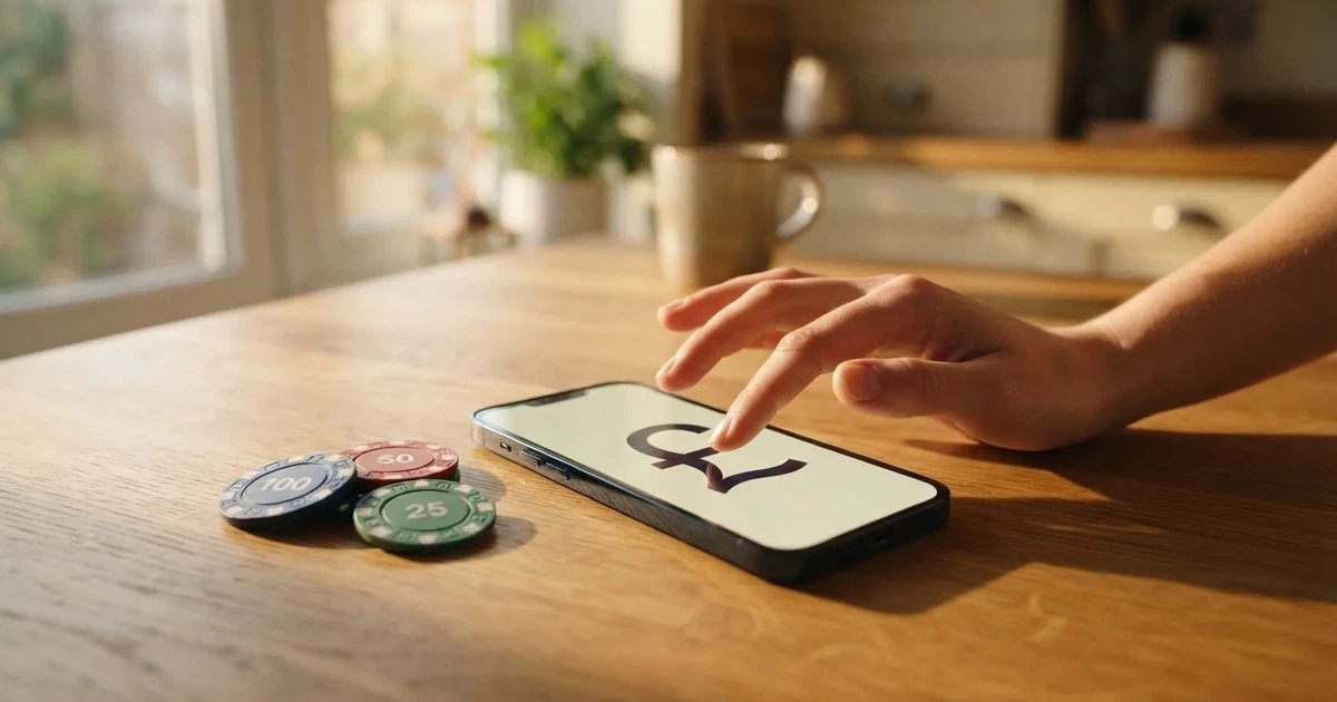A hand places a £10 banknote next to a smartphone showing a bank transfer confirmation screen on a kitchen table.