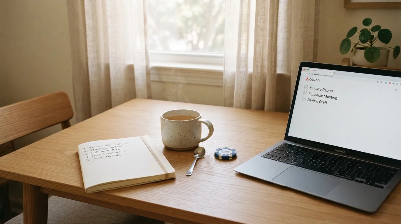 A tidy desk with a notebook, a mug of tea and a laptop open to a checklist, morning light through a window.