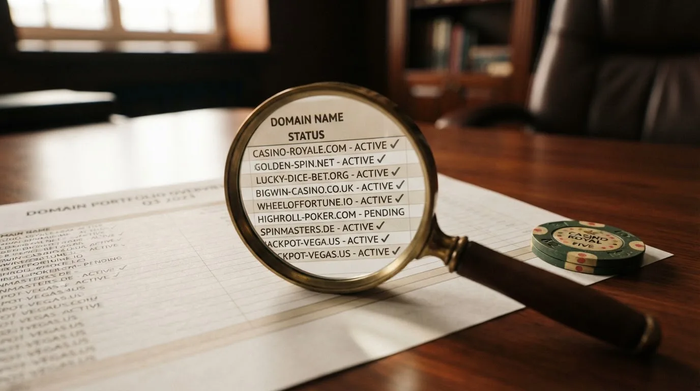 A magnifying glass rests over a printed regulatory certificate on a wooden desk.