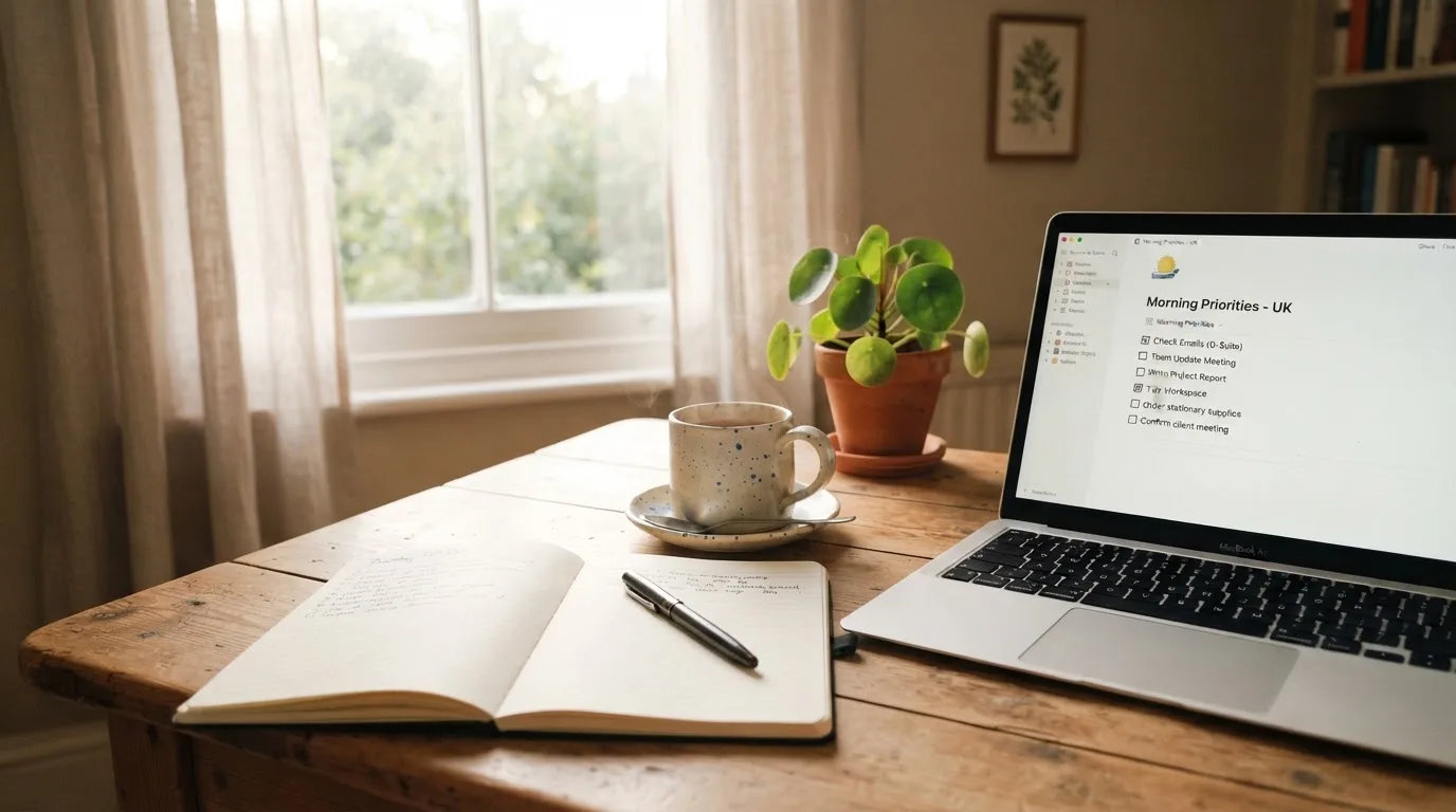 A tidy desk with a notebook, a mug of tea and a laptop open to a checklist, morning light through a window.
