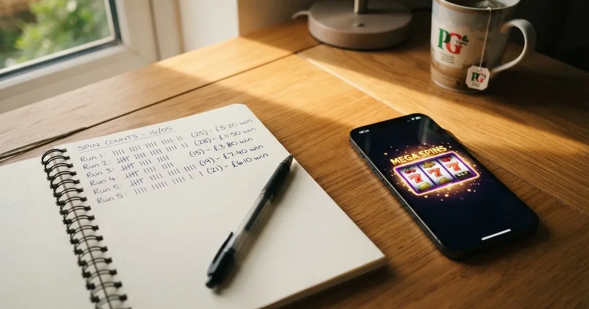 A notepad with a tally of spin counts rests beside a smartphone displaying a slot-reel icon on a desk.