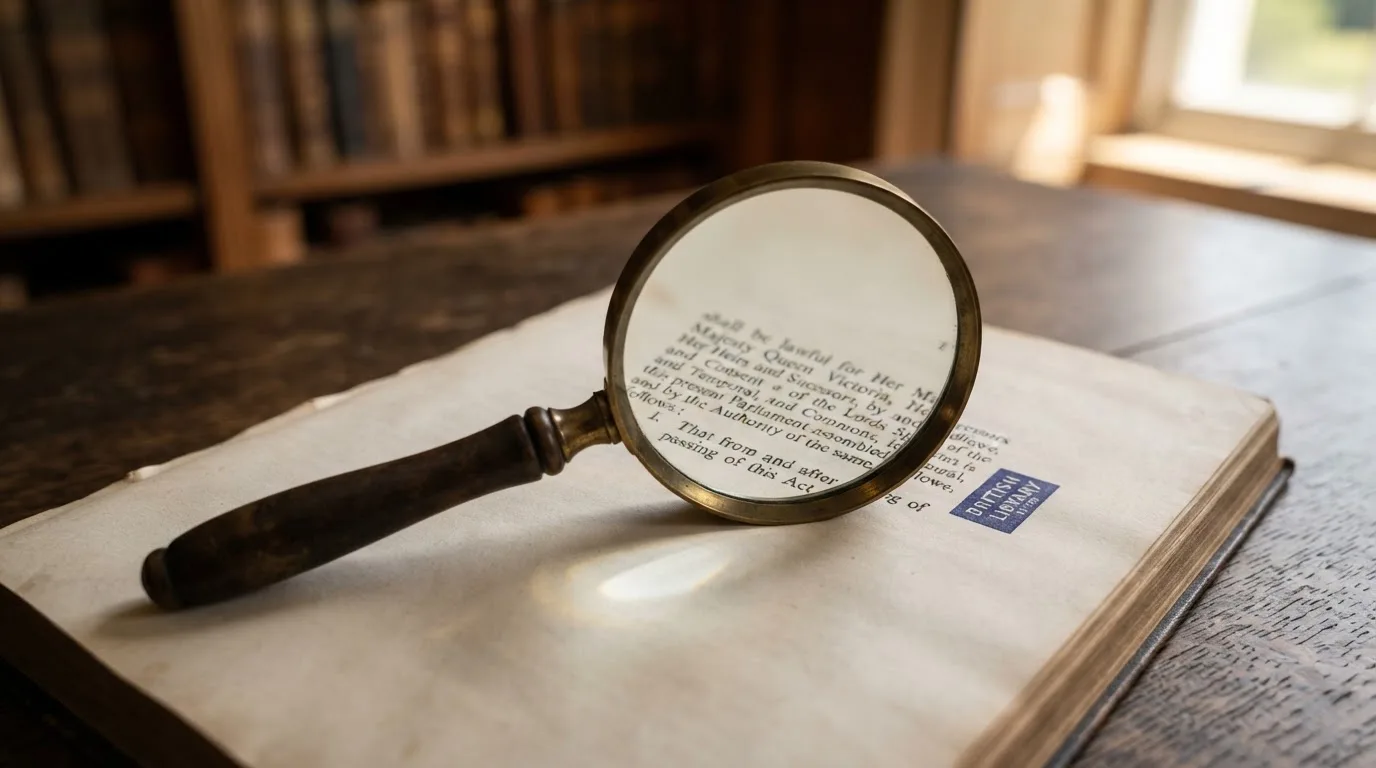 A magnifying glass rests over a printed regulatory certificate on a wooden desk.