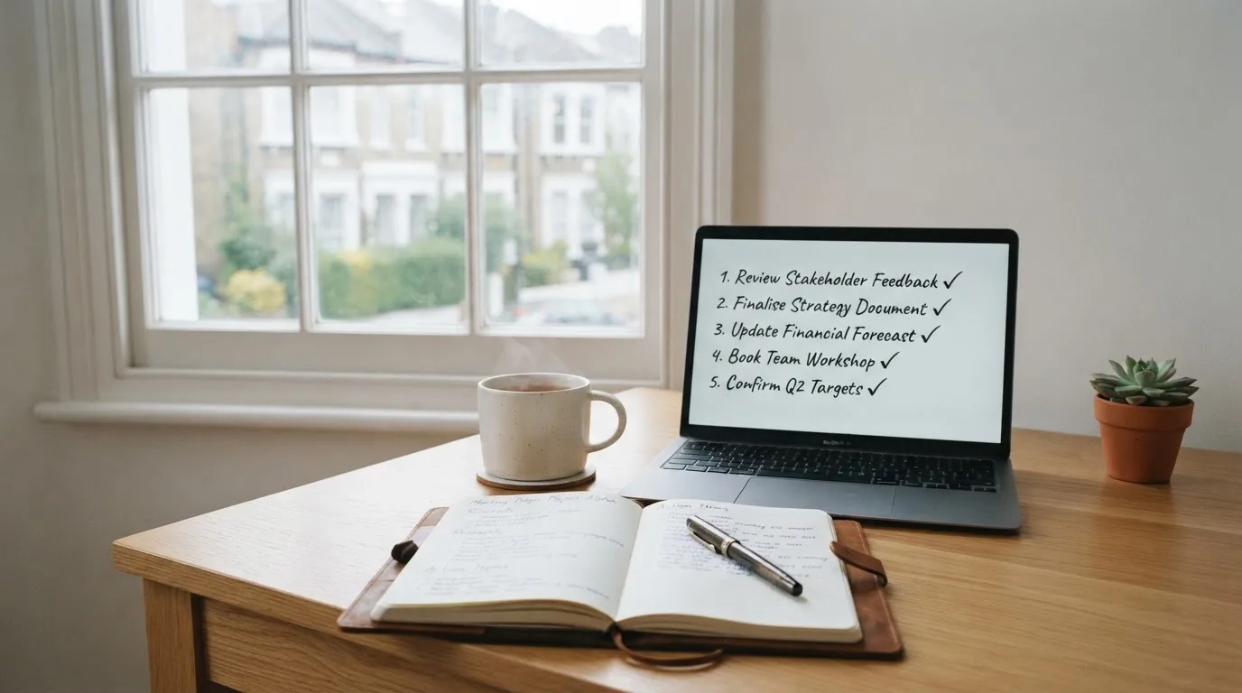 A tidy desk with a notebook, a mug of tea and a laptop open to a checklist, morning light through a window.