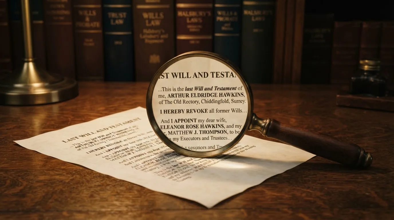 A magnifying glass rests over a printed regulatory certificate on a wooden desk.