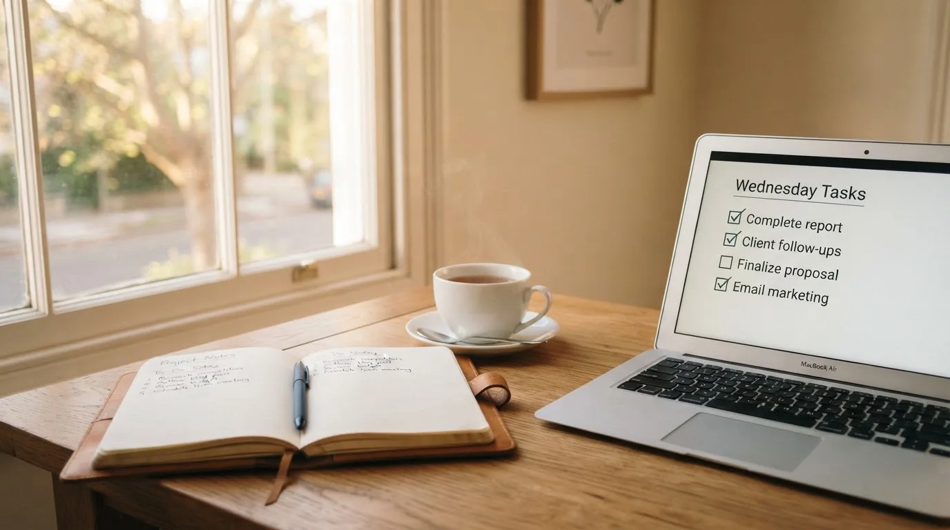 A tidy desk with a notebook, a mug of tea and a laptop open to a checklist, morning light through a window.