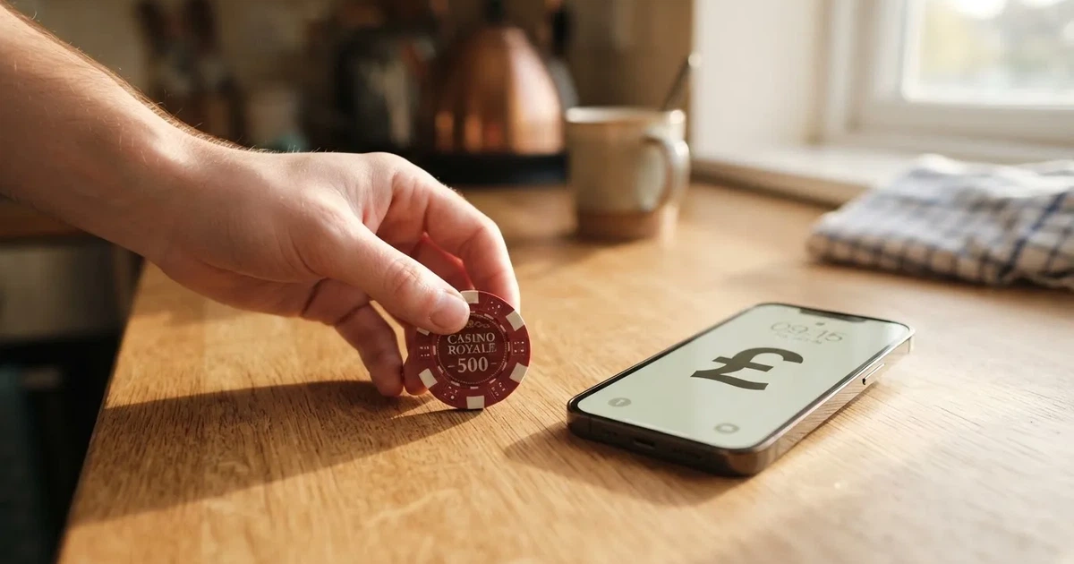 A hand places a £2 coin next to a smartphone showing a bank transfer confirmation screen on a kitchen table.