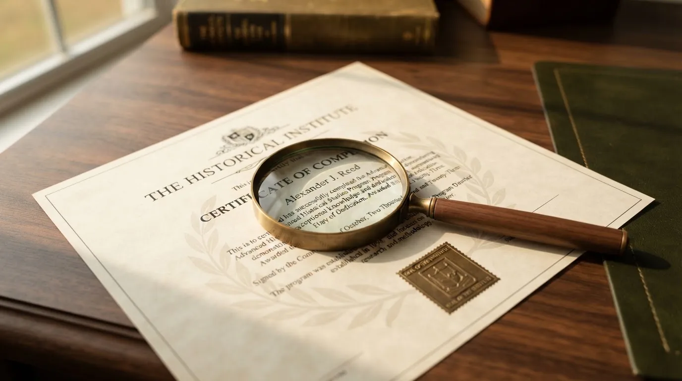 A magnifying glass rests over a printed regulatory certificate on a wooden desk.
