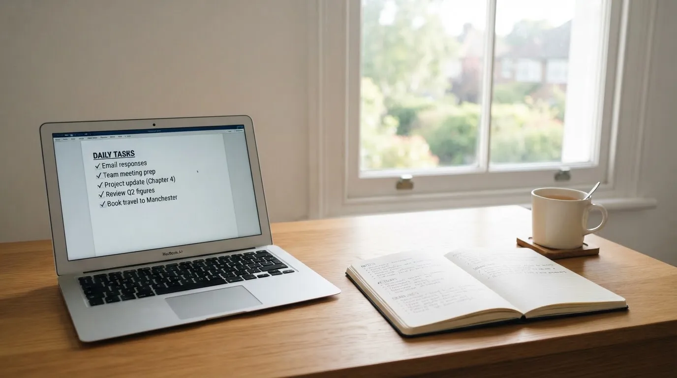 A tidy desk with a notebook, a mug of tea and a laptop open to a checklist, morning light through a window.