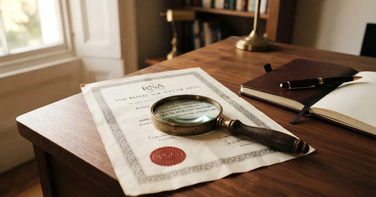 A magnifying glass rests over a printed offshore licence certificate on a wooden desk.