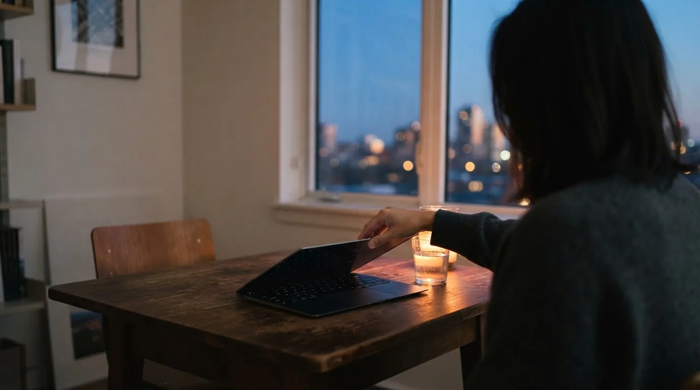 A person closes a laptop and looks out of a window at dusk, a glass of water on the table beside them.