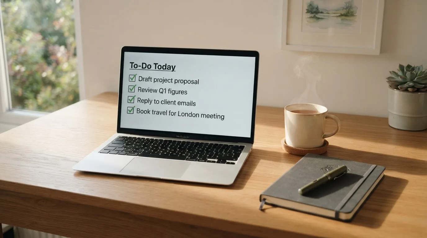 A tidy desk with a notebook, a mug of tea and a laptop open to a checklist, morning light through a window.