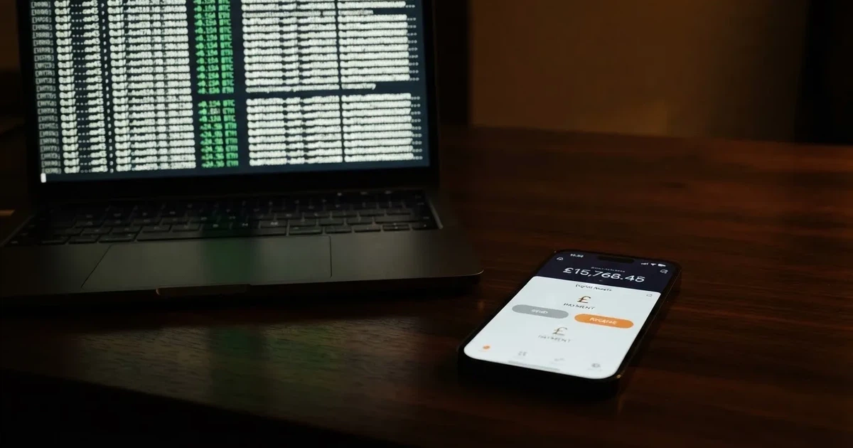 A smartphone displays a digital wallet balance next to a laptop showing scrolling transaction data in a dim room.