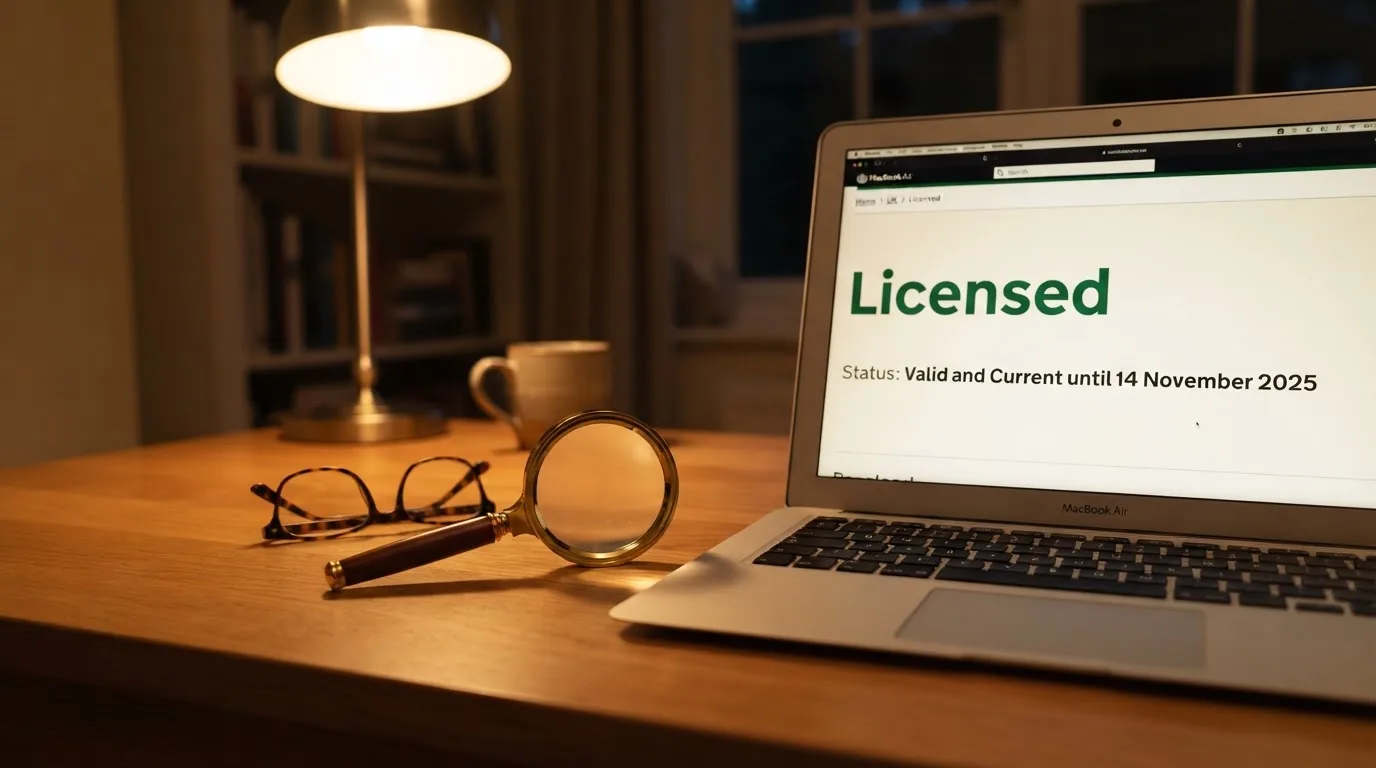A magnifying glass rests over a printed regulatory certificate on a wooden desk.