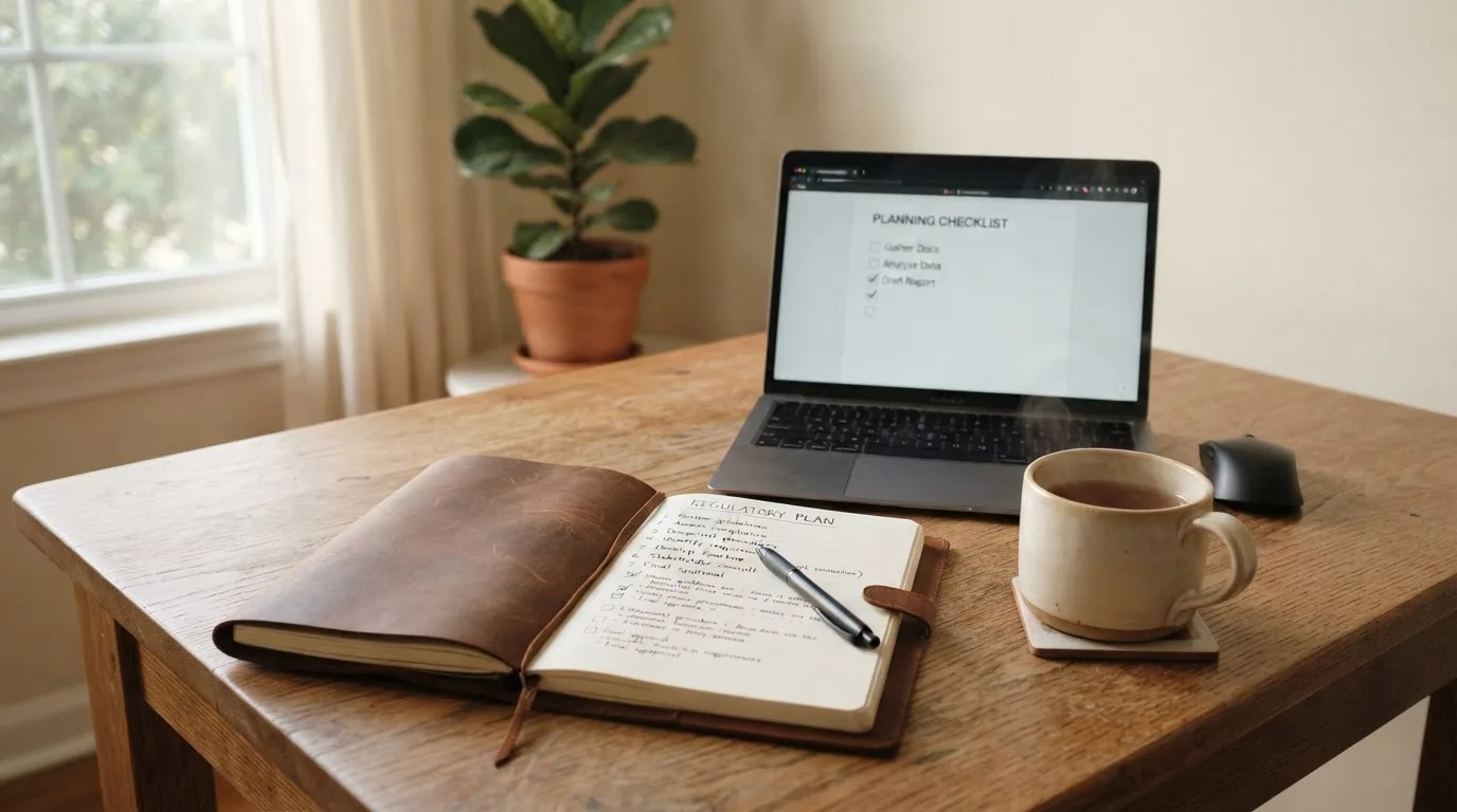 A tidy desk with a notebook, a mug of tea and a laptop open to a checklist, morning light through a window.