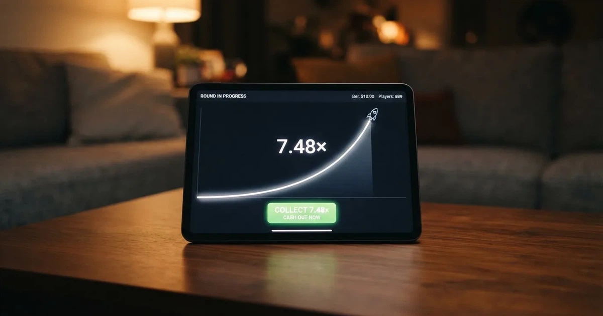 A tablet screen shows a rising flight-path line graph mid-round beside a cash-out button.