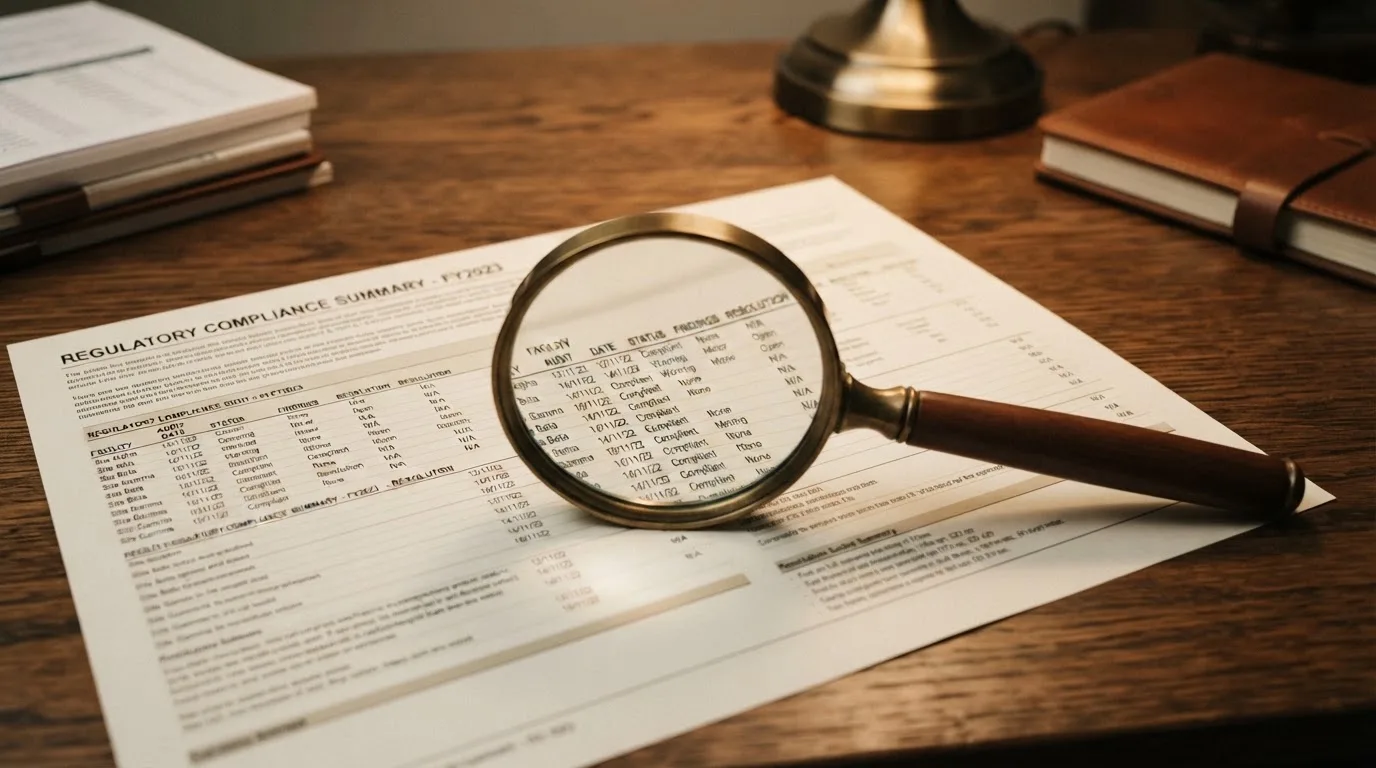 A magnifying glass rests over a printed regulatory certificate on a wooden desk.