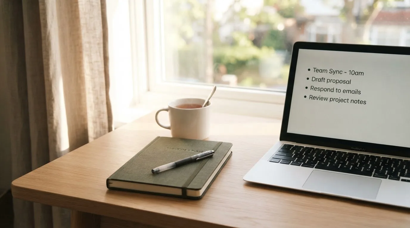 A tidy desk with a notebook, a mug of tea and a laptop open to a checklist, morning light through a window.