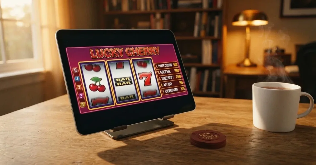 A tablet screen shows a simple three-reel slot layout with a payout chart beside it on a desk.