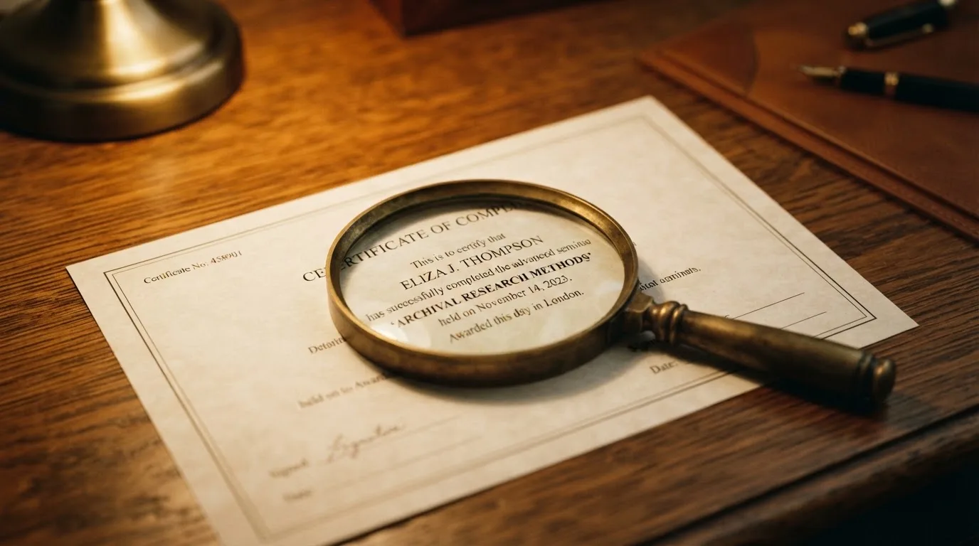A magnifying glass rests over a printed regulatory certificate on a wooden desk.