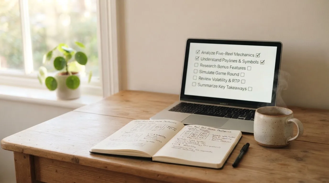 A tidy desk with a notebook, a mug of tea and a laptop open to a checklist, morning light through a window.