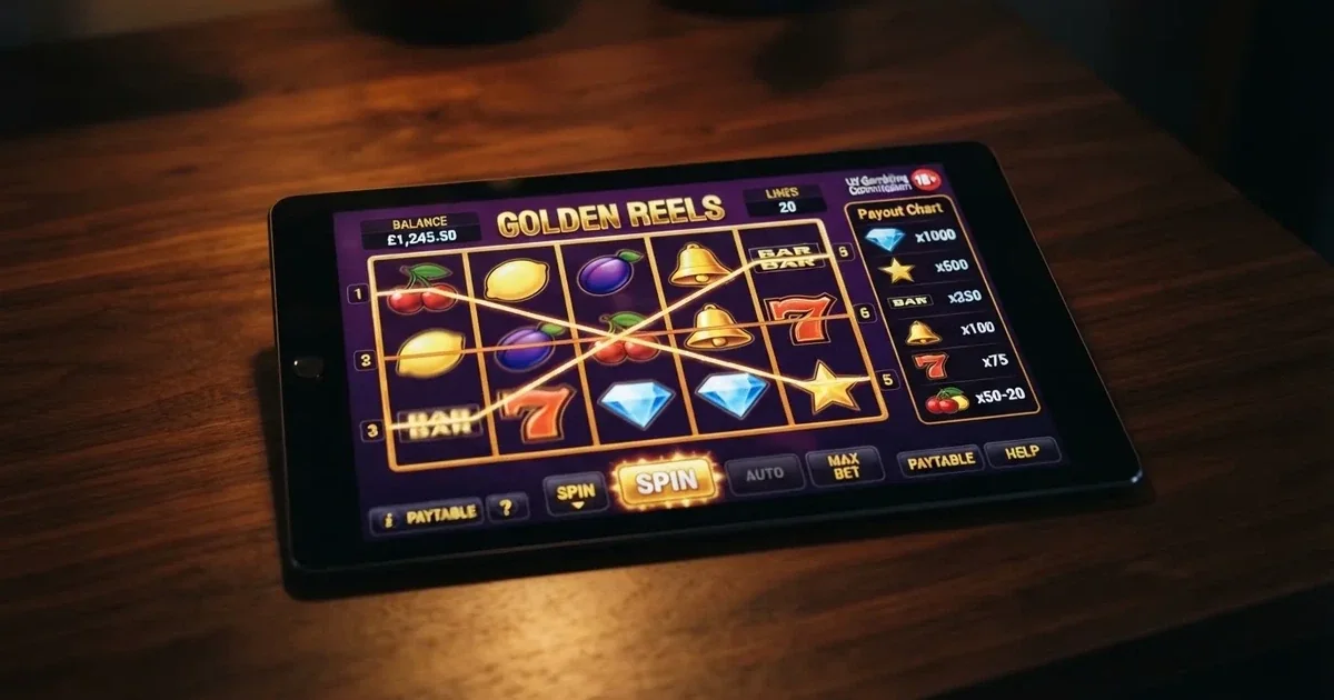 A tablet screen shows a five-reel slot grid with multiple paylines and a payout chart beside it on a desk.
