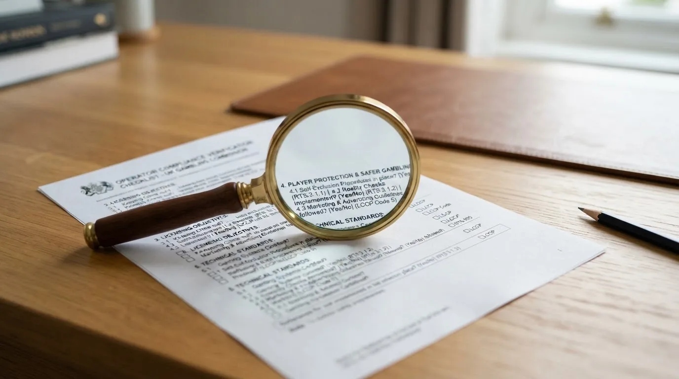 A magnifying glass rests over a printed regulatory certificate on a wooden desk.