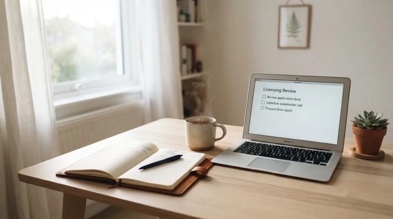 A tidy desk with a notebook, a mug of tea and a laptop open to a checklist, morning light through a window.