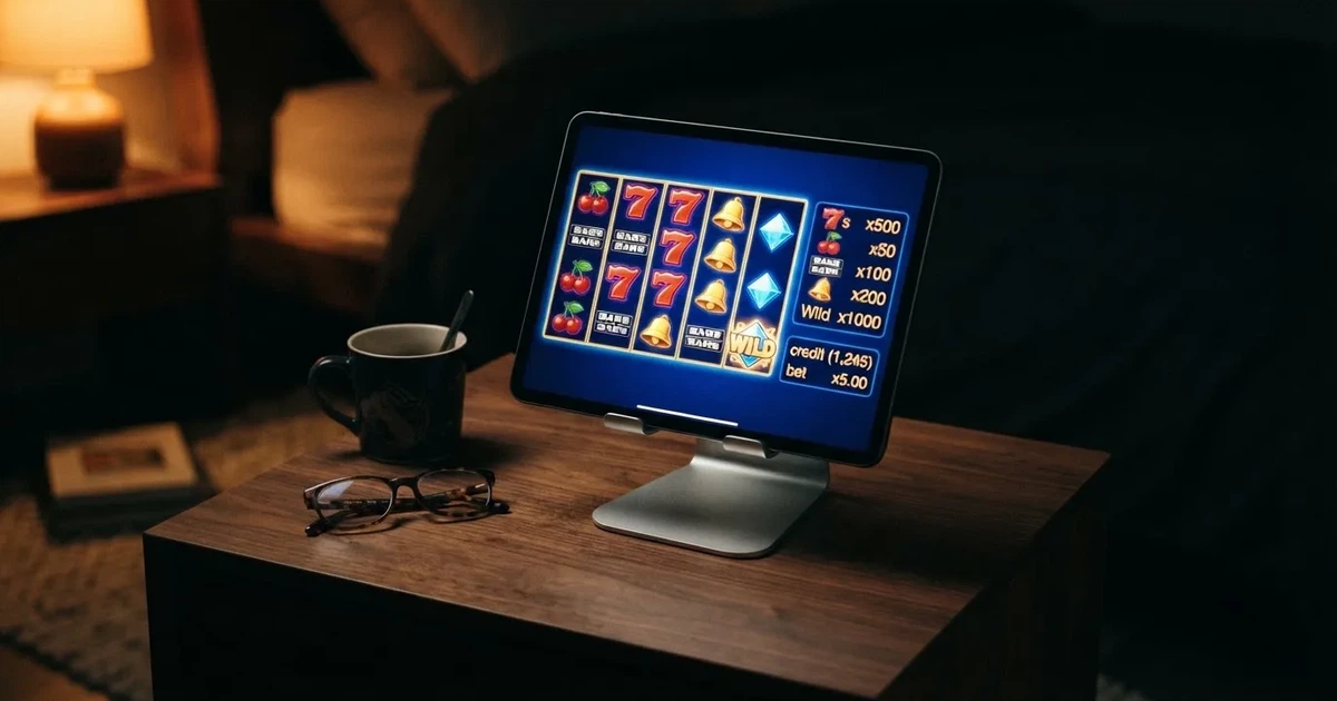 A tablet propped on a stand displays a grid of slot symbols and a payout chart in a dimly lit room.