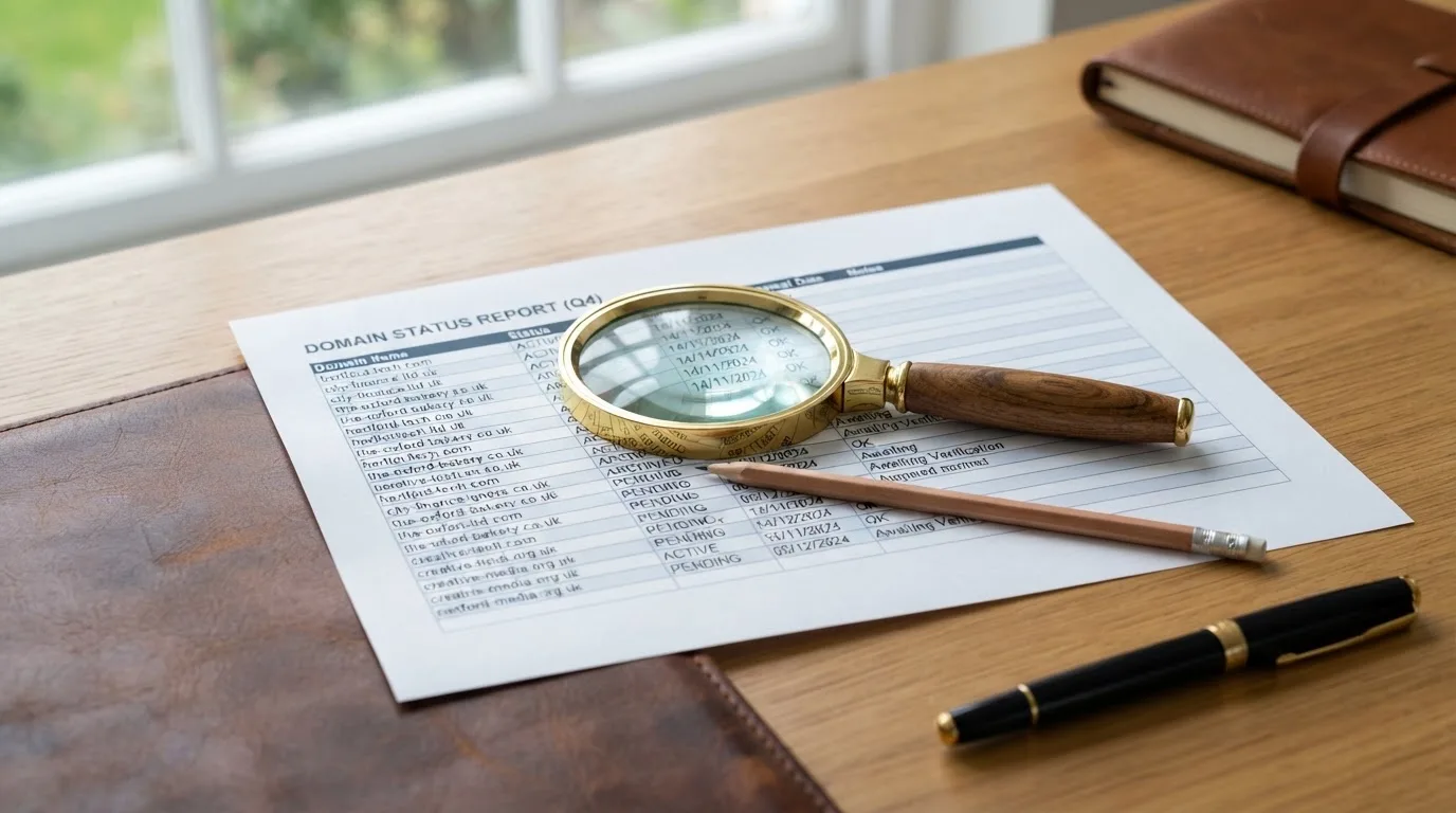 A magnifying glass rests over a printed regulatory certificate on a wooden desk.