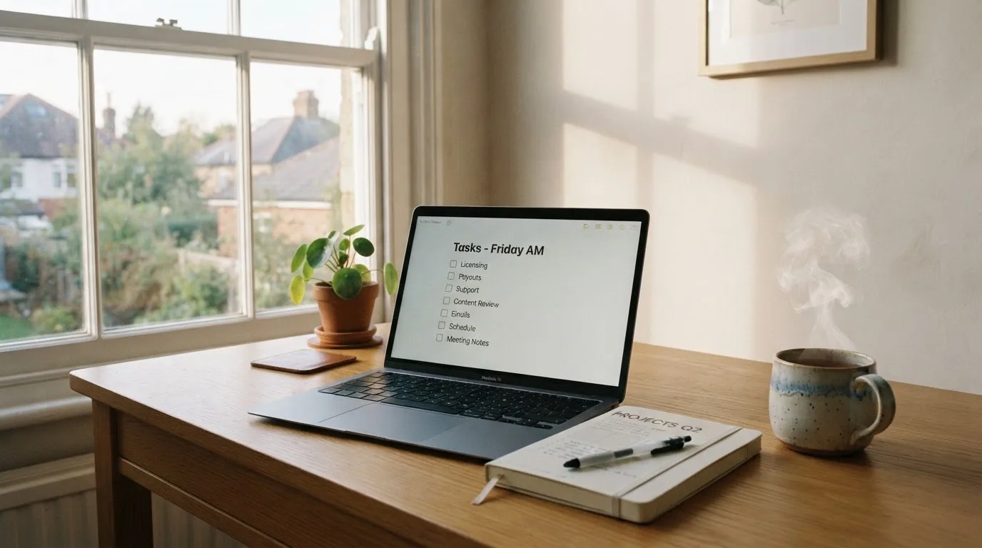 A tidy desk with a notebook, a mug of tea and a laptop open to a checklist, morning light through a window.