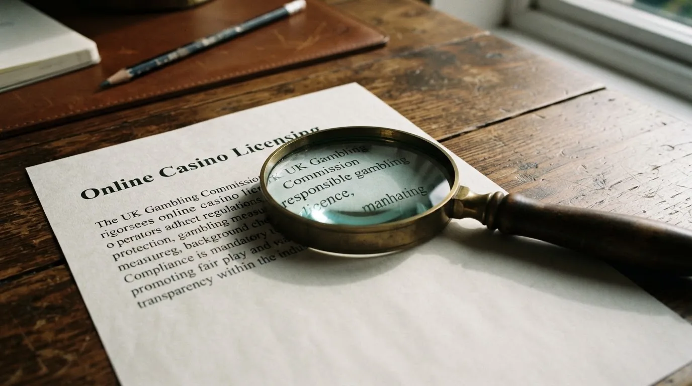 A magnifying glass rests over a printed regulatory certificate on a wooden desk.