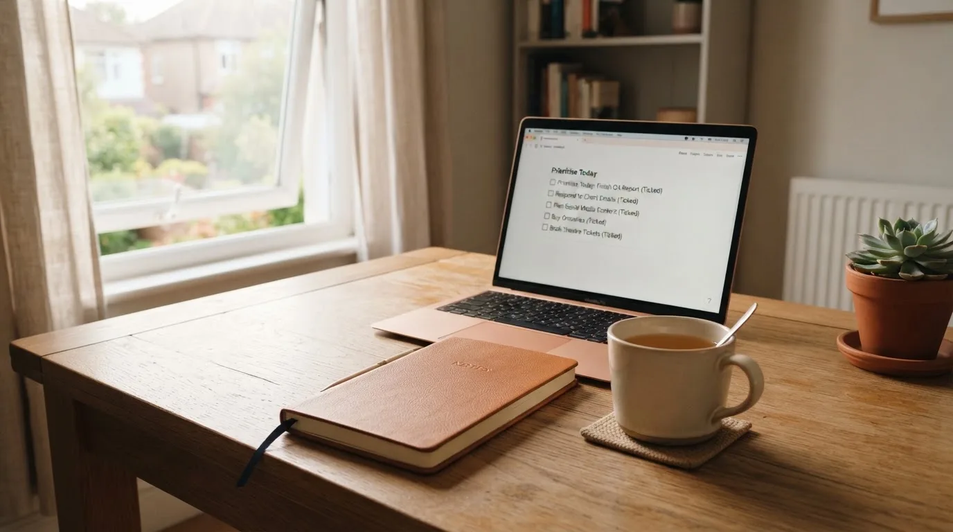 A tidy desk with a notebook, a mug of tea and a laptop open to a checklist, morning light through a window.