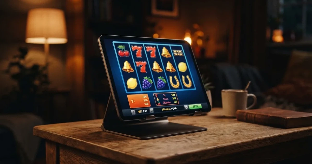 A tablet propped on a stand displays a grid of slot symbols and a payout chart in a dimly lit room.