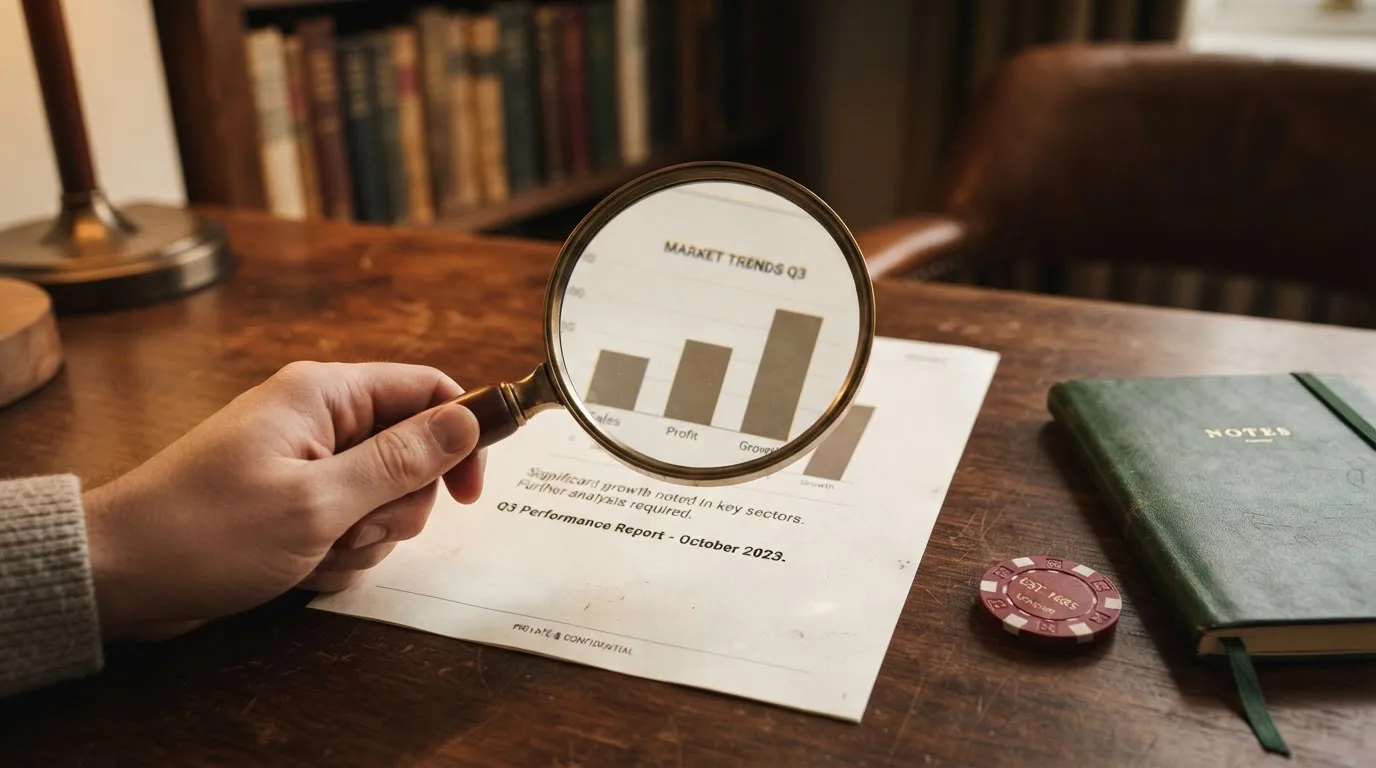 A magnifying glass rests over a printed regulatory certificate on a wooden desk.