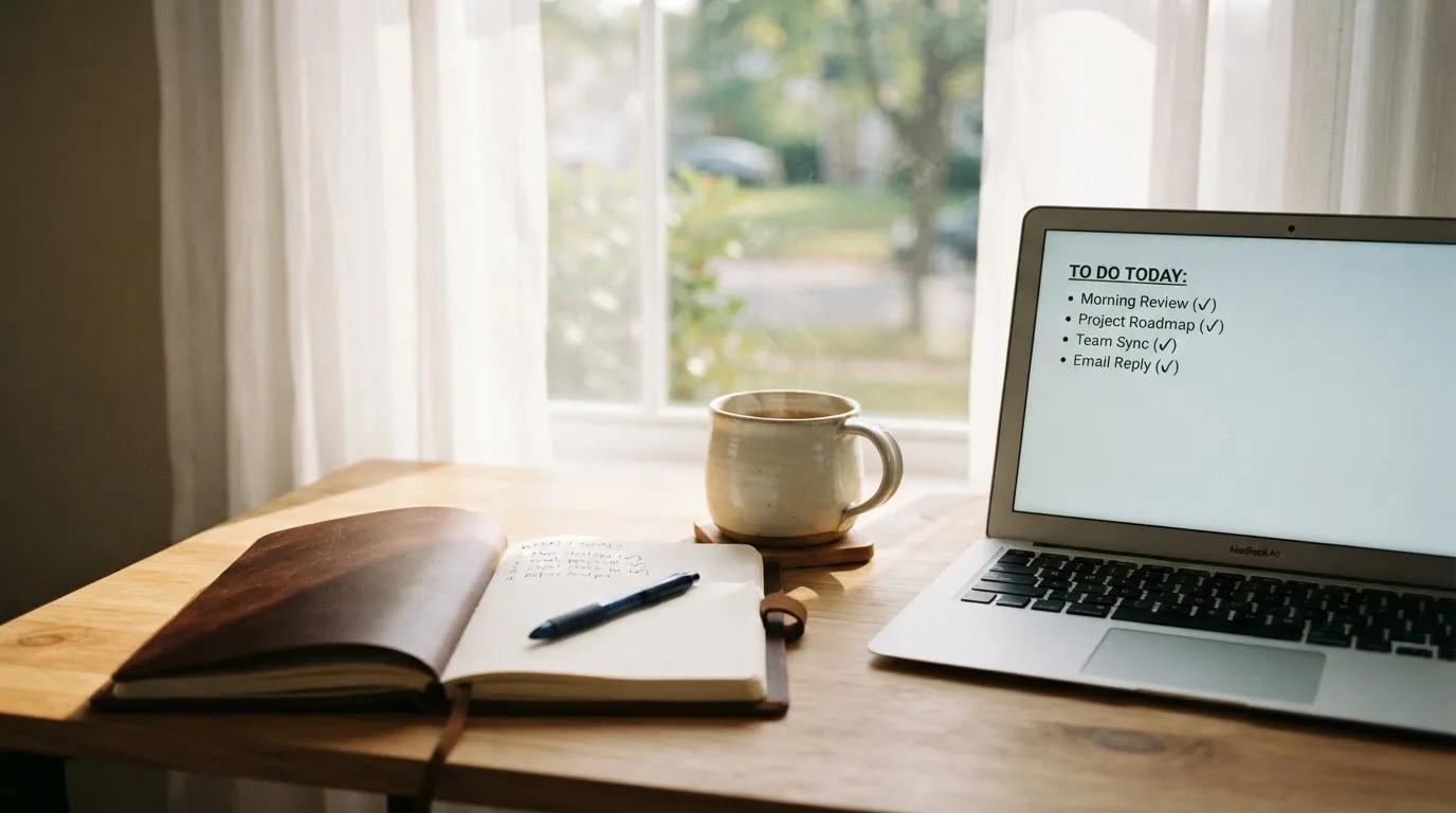 A tidy desk with a notebook, a mug of tea and a laptop open to a checklist, morning light through a window.