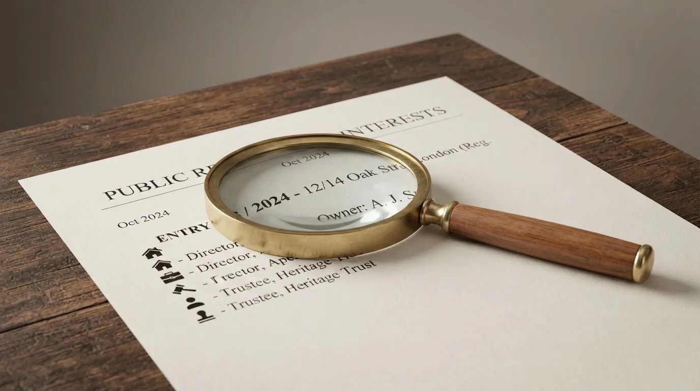 A magnifying glass rests over a printed regulatory certificate on a wooden desk.