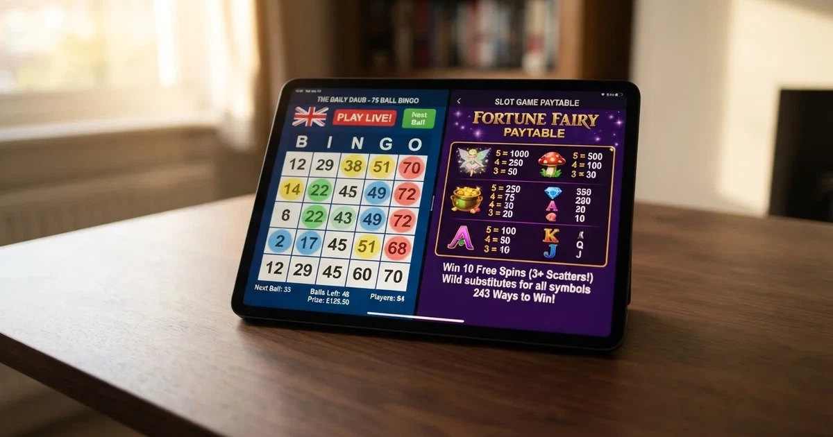 A tablet screen shows a bingo card next to a slot game paytable on a desk.