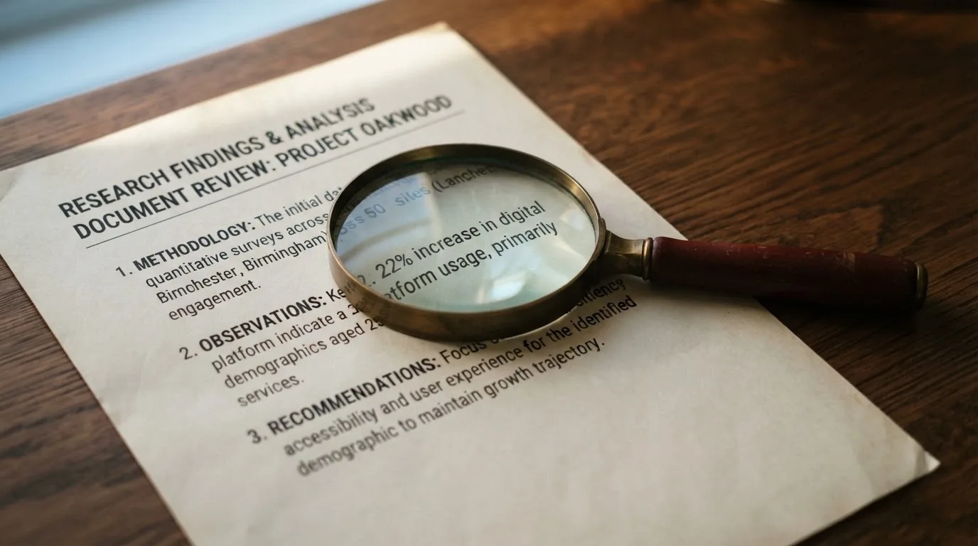 A magnifying glass rests over a printed regulatory certificate on a wooden desk.