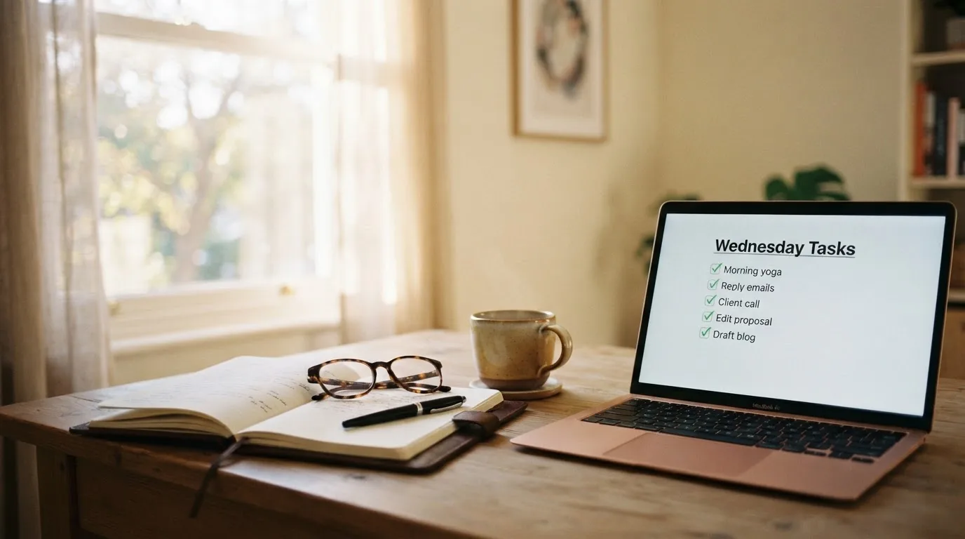 A tidy desk with a notebook, a mug of tea and a laptop open to a checklist, morning light through a window.
