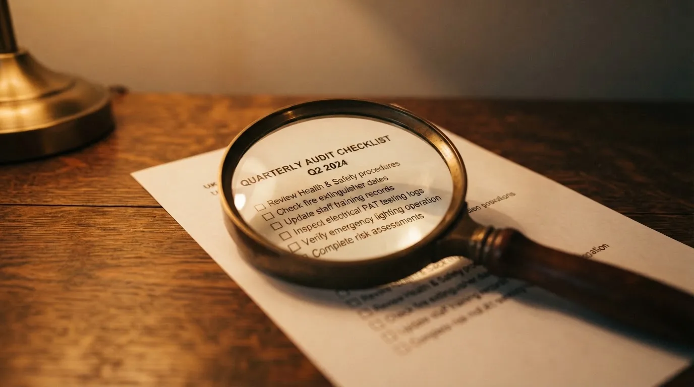 A magnifying glass rests over a printed regulatory certificate on a wooden desk.