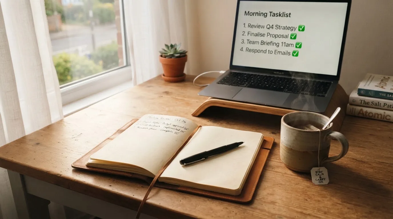 A tidy desk with a notebook, a mug of tea and a laptop open to a checklist, morning light through a window.