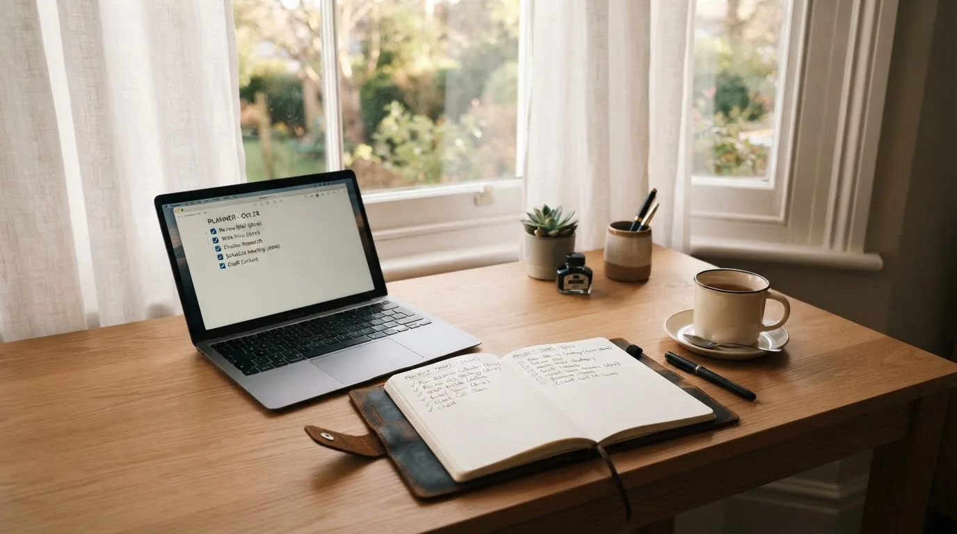 A tidy desk with a notebook, a mug of tea and a laptop open to a checklist, morning light through a window.
