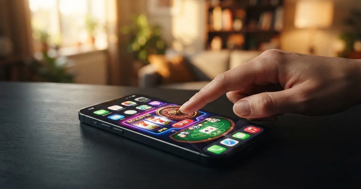 A close-up of a finger tapping a smartphone screen showing rows of app icons.