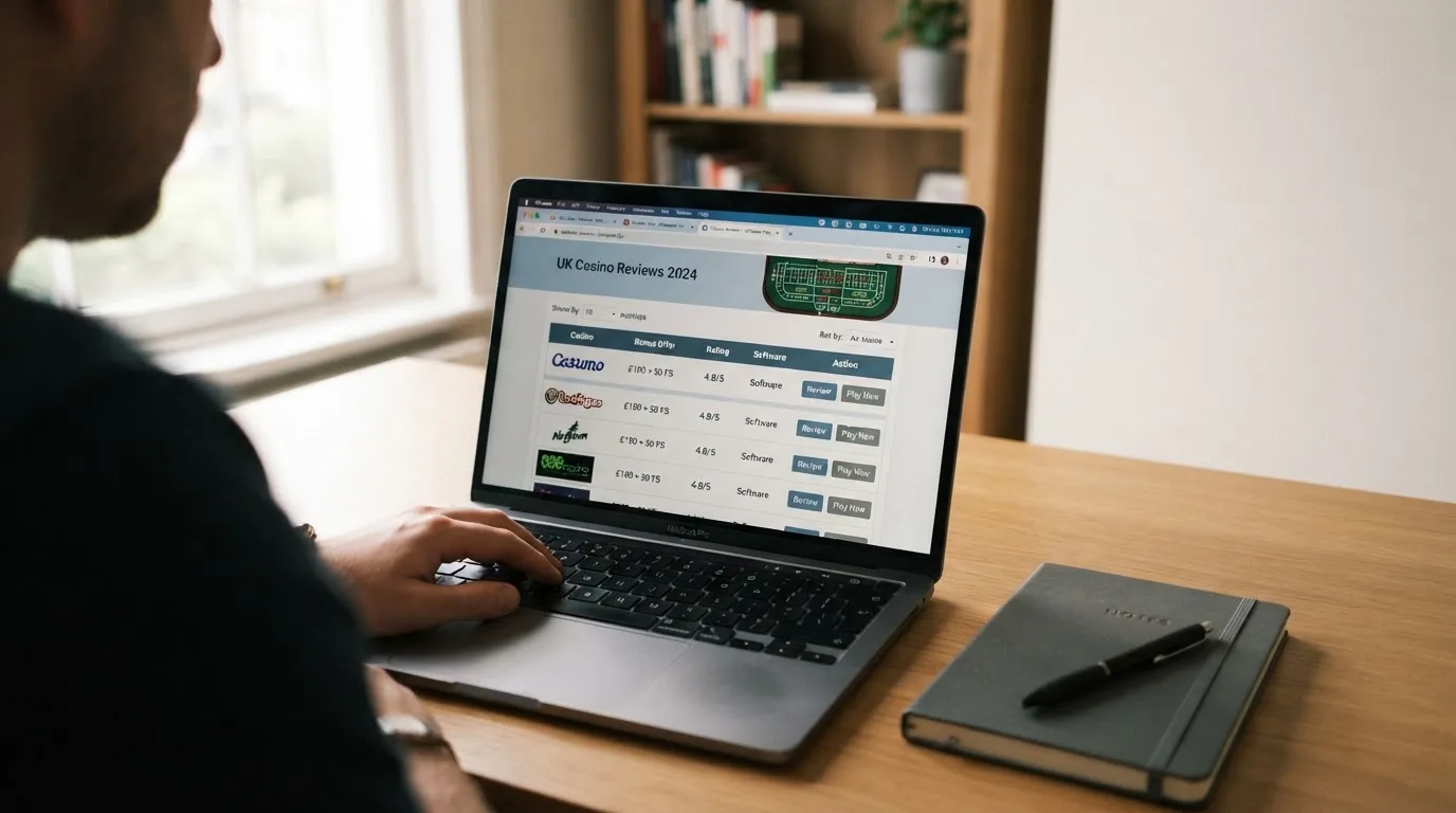 A laptop on a home desk showing a UK online casino comparison page open beside a notepad, with a craps table layout diagram on a laptop visible in a browser tab list