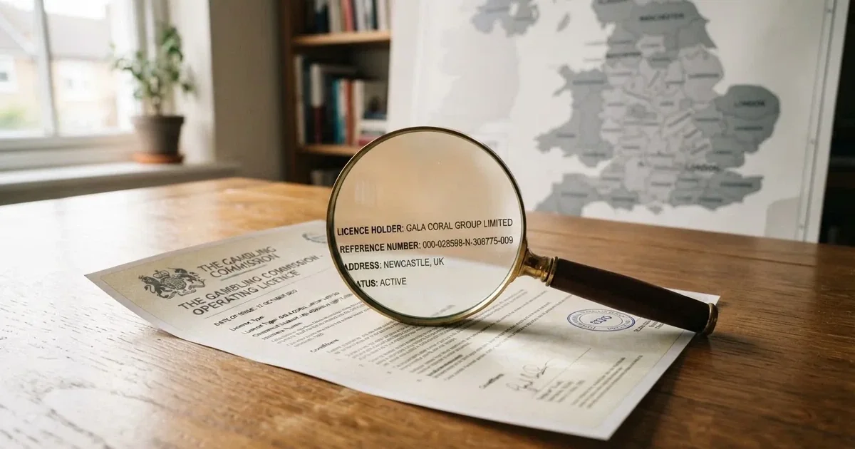 A magnifying glass held over a printed gambling licence certificate on a desk, with a UK map faintly visible in the background