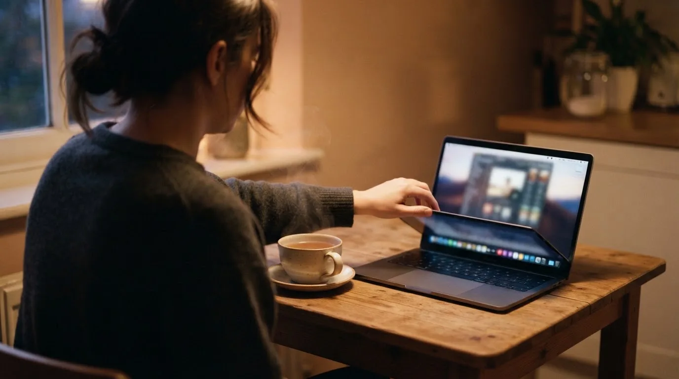 A person closing a laptop beside a cup of tea