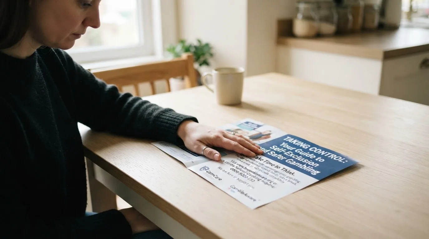 A person reading a self-exclusion leaflet at a kitchen table